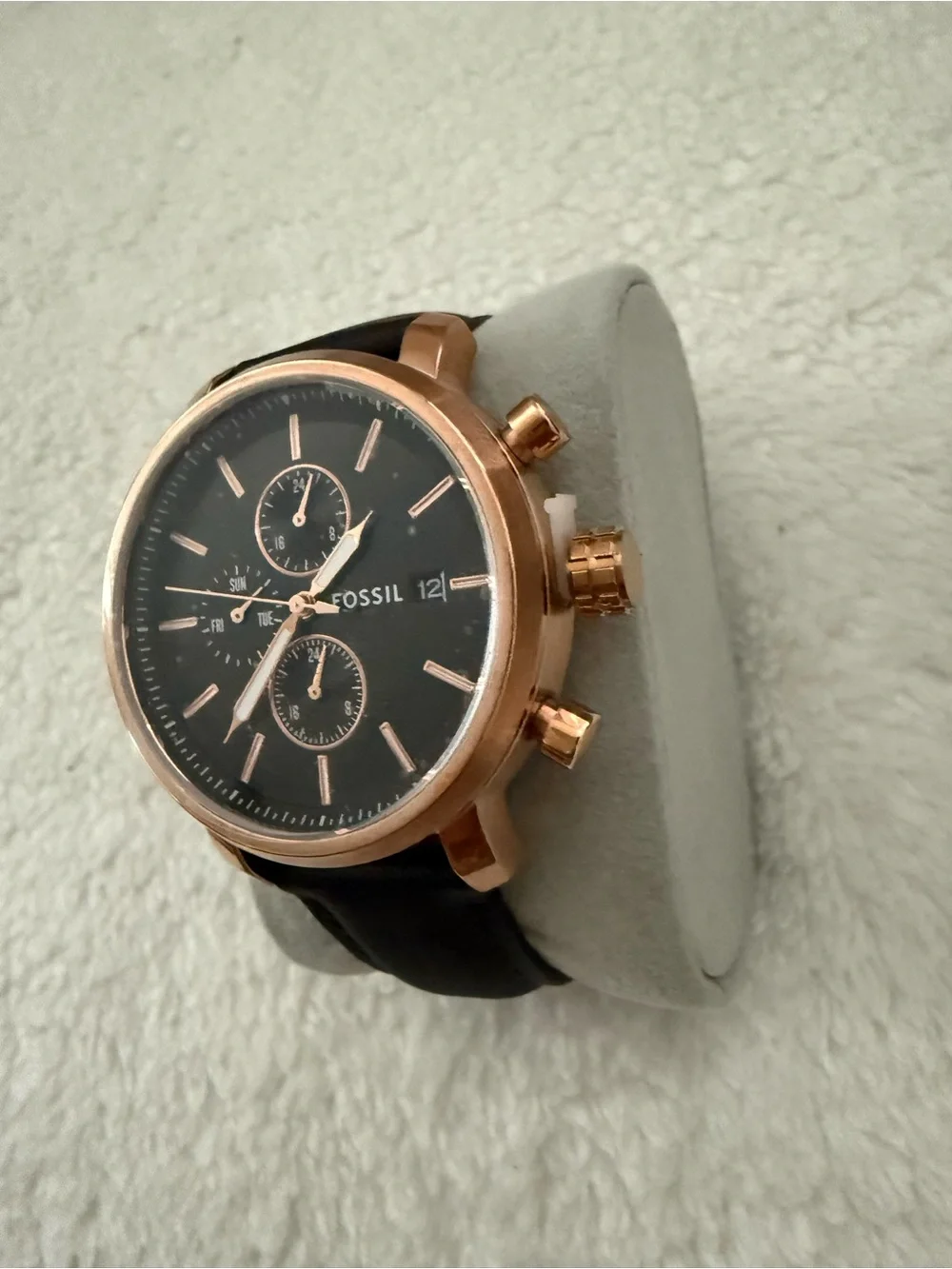 Fossil Men's Black Dial Watch with Rose Gold-Tone Case